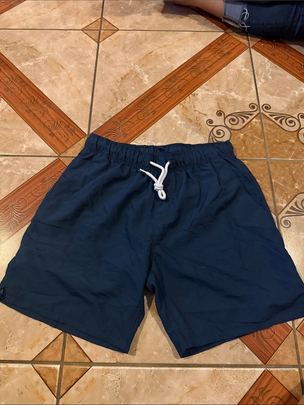 Navy Elastic Waist Swim Shorts with White Drawstring